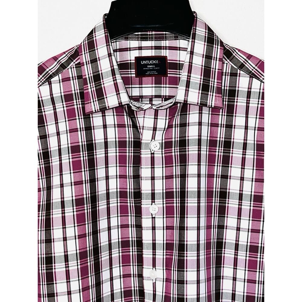 UNTUCKIT PINK BROWN WHITE PLAID WRINKLE FREE SLIM FIT SHIRT SIZE S / SMALL